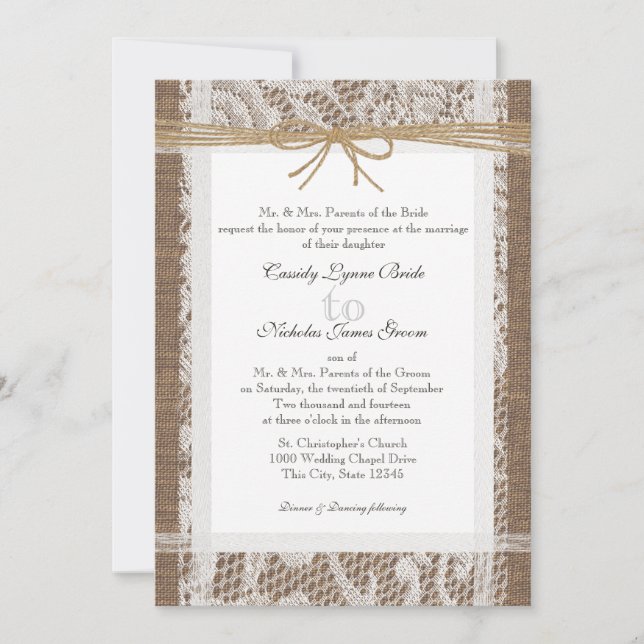 Invitation Dentelle rustique et Mariage Jute Twine (Devant)