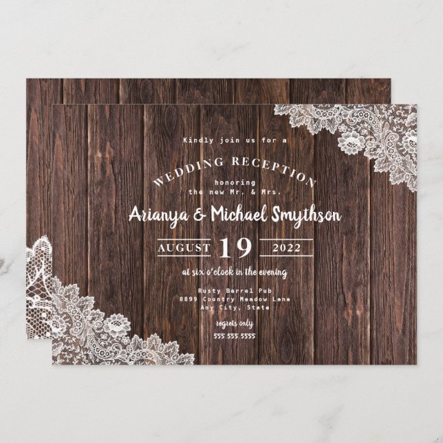 Invitation Dentelle rustique et réception de mariage en bois  (Devant / Derrière)