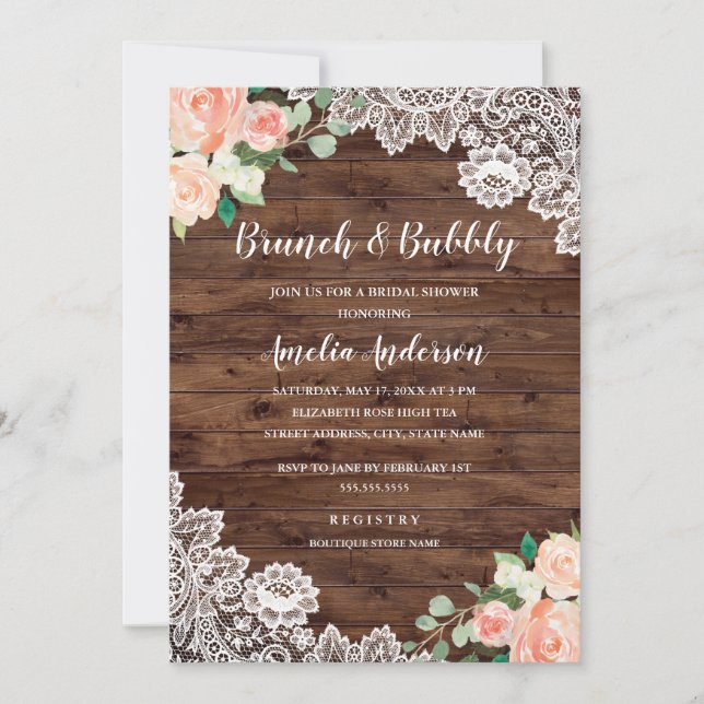 Invitation Dentelle Rustique Florale Brunch Et Bubbly (Devant)
