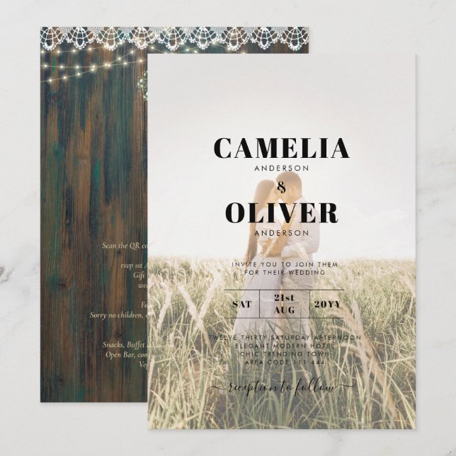 Invitation Dentelle Rustique Gypsophila Lights Mason Jar Mari (Devant / Derrière)