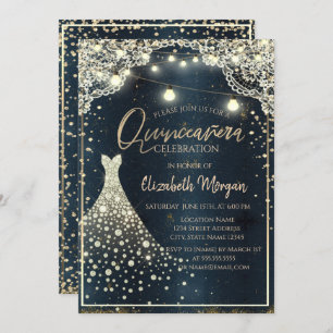 Invitation Dentelle Rustique, Lumières, Robe en Diamants Bleu