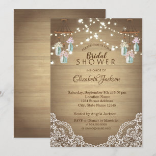 Invitation Dentelle rustique, Pot Mason floral, Guirlande lum
