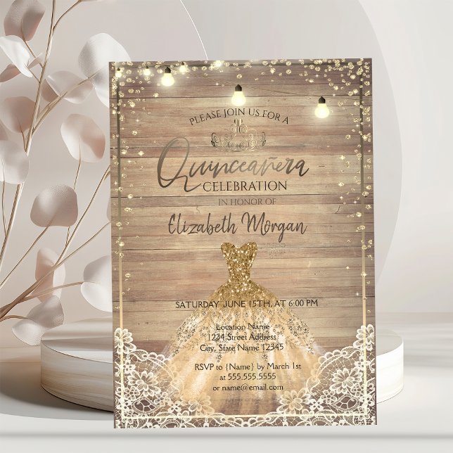 Invitation Dentelle rustique, Tiara, Lumières, Robe Bois Quin (Créateur téléchargé)