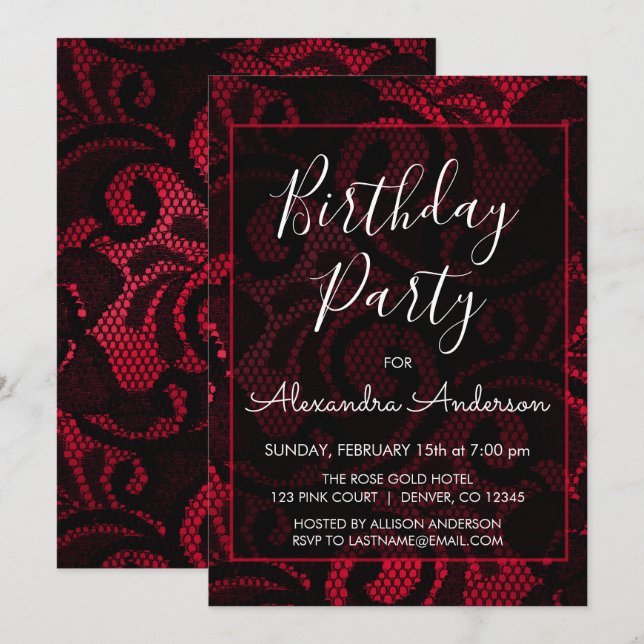Invitation Dentelle satinée rouge et noire n'importe quel âge (Devant / Derrière)