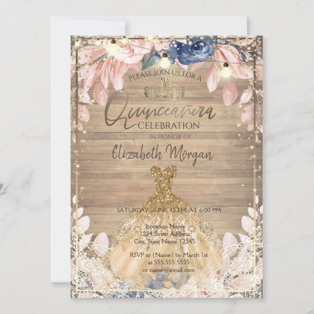 Invitation Dentelle, Tiara, Lumières, Robe Fleurs de Bois Qui (Devant)