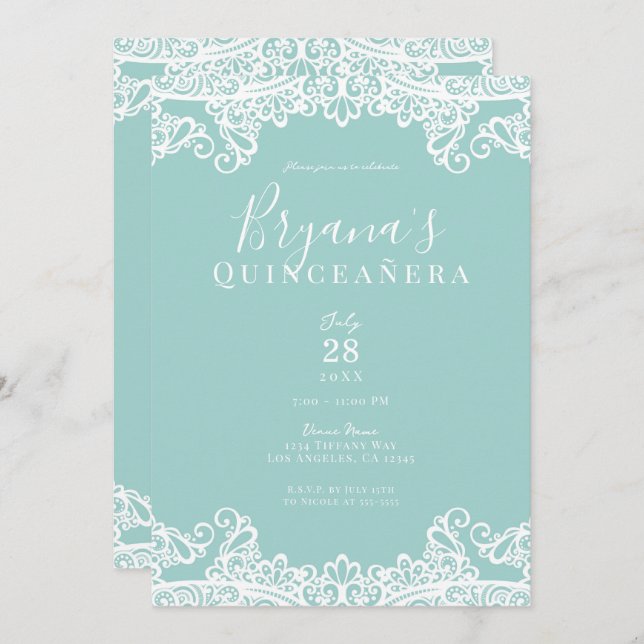 Invitation Dentelle Turquoise & Blanche Elégante Quinceañera  (Devant / Derrière)