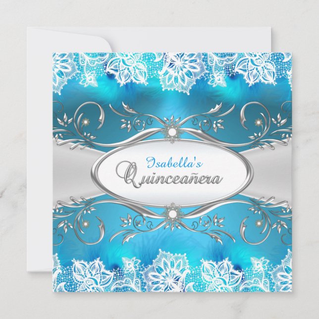 Invitation Dentelle Turquoise bleue et argent Frame Quinceane (Devant)
