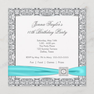 Invitation Dentelle Turquoise Diamant Bleu Filles10ème annive
