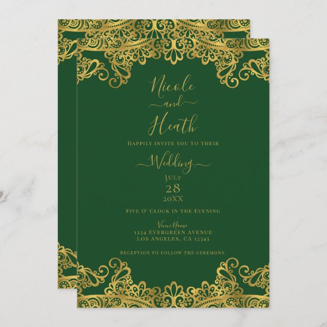 Invitation Dentelle vert foncé et or élégant mariage (Devant / Derrière)