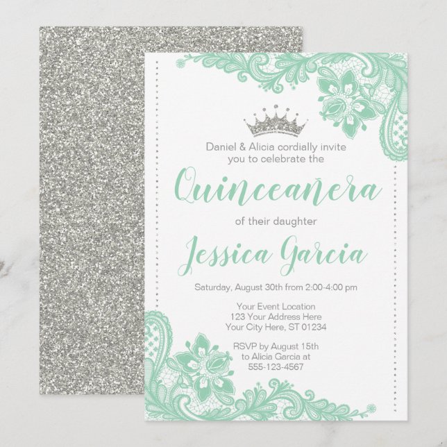 Invitation Dentelle verte et Parties scintillant d'argent Pri (Devant / Derrière)