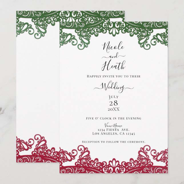Invitation Dentelle verte et rouge Élégant Mariage blanc Fies (Devant / Derrière)