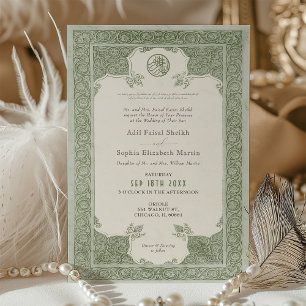 Invitation Dentelle verte Sage Mariage musulman traditionnel
