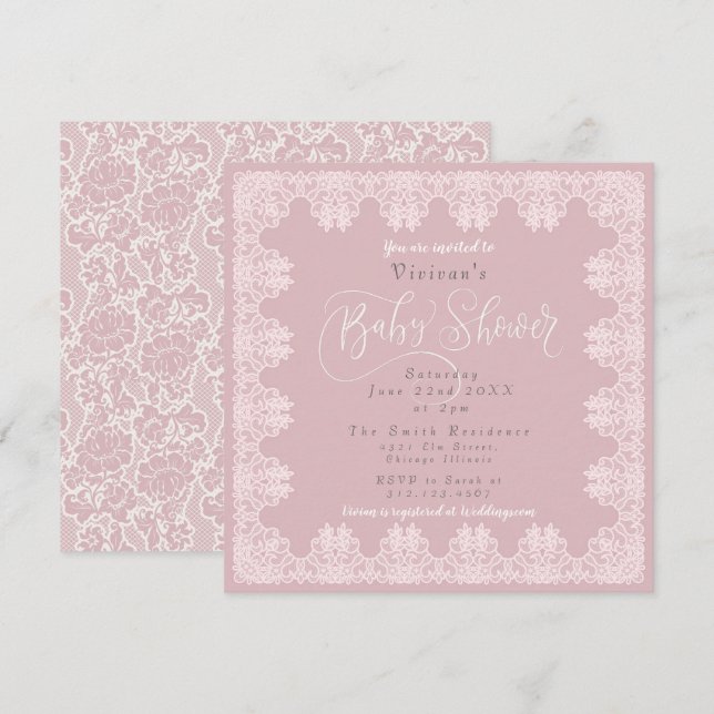 Invitation Dentelle Vintage Chic Baby shower rose (Devant / Derrière)