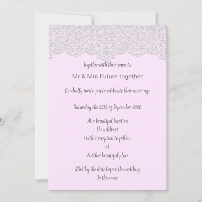 Invitation dentelle vintage jolie rose élégant mariage (Devant)