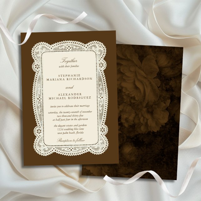 Invitation Dentelle Vintage Vieil Argent Mariage Brun Mocha (Créateur téléchargé)