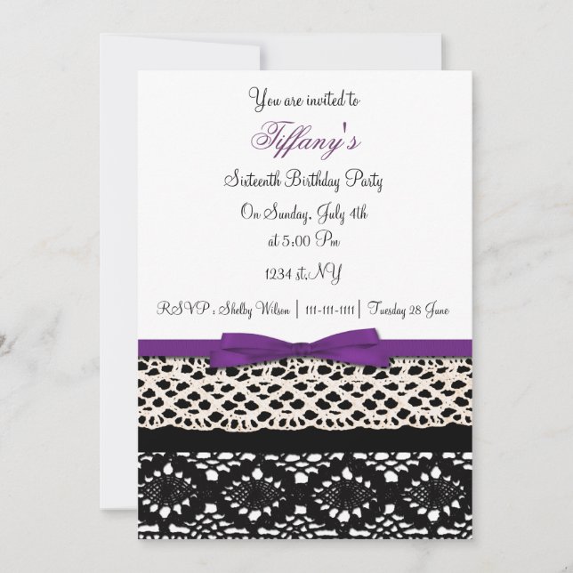 Invitation dentelle violet damassé Sweet sixteen partie Invit (Devant)