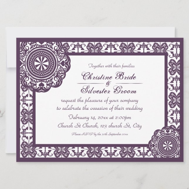 Invitation Dentelle violette arabesque, 6,5 x 8,75 mariages (Devant)