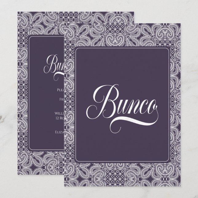 Invitation Dentelle violette du Bunco Party (Devant / Derrière)