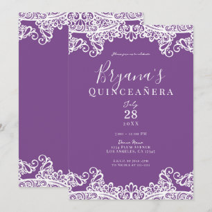 Invitation Dentelle violette et blanche Elégante Quinceañera