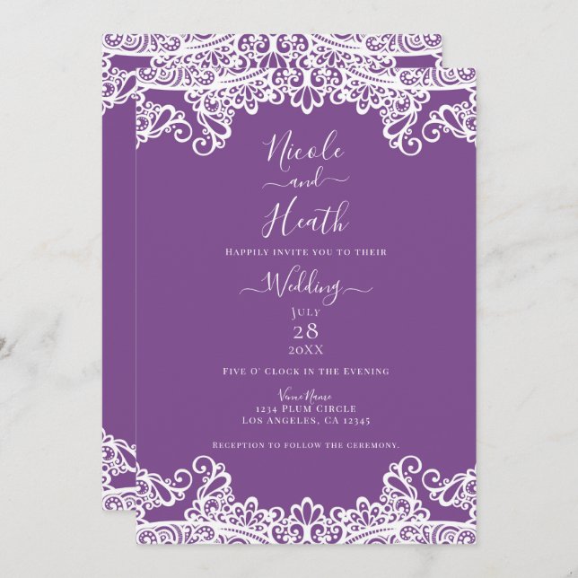 Invitation Dentelle violette et blanche Mariage élégant (Devant / Derrière)