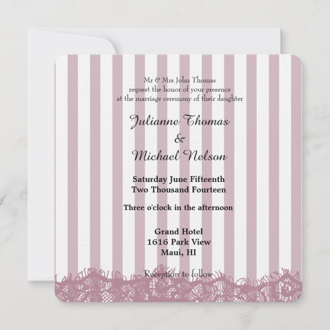 Invitation Dentelles et rayures roses Mariage (Devant)