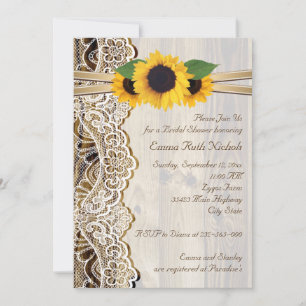 Invitation Dentelles et tournesols sur bois mariage douche nu