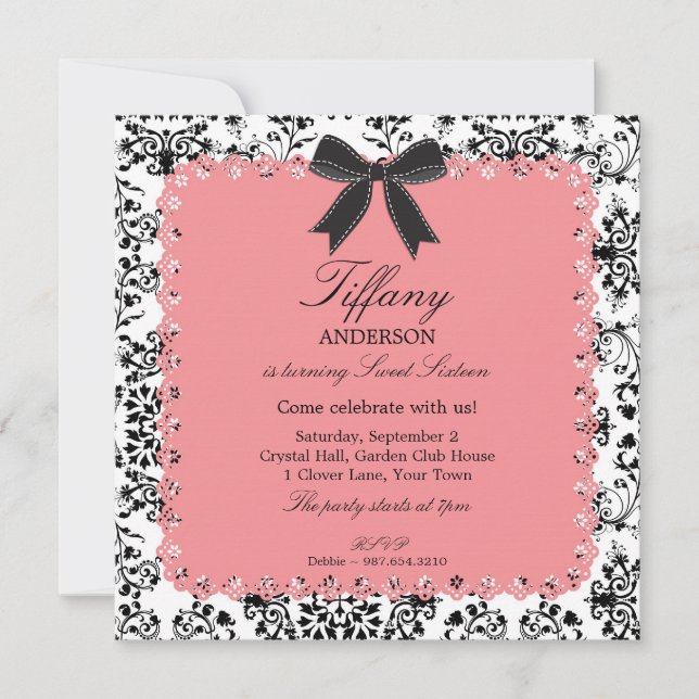 Invitation Dentelles roses et Damas BW avec Bow Sweet 16 (Devant)