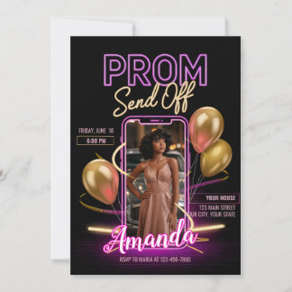 Invitation Départ de bal de promo moderne néon noir ton rose