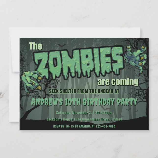 Invitation Déplaisant Dark Green Zombie fête d'anniversaire (Devant)