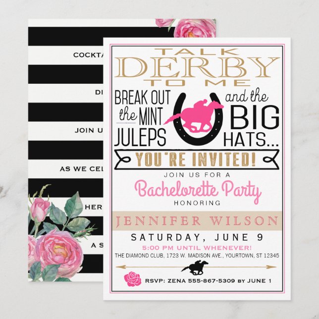 Invitation Derby Bachelorette Roses Noir/Or/Rose Personnalisé (Devant / Derrière)