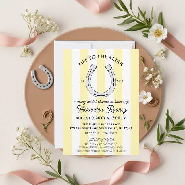 Invitation Derby Bridal Shower Yellow Cabana Rayure Fer à Che (Off to the altar derby wedding shower invitation with butter yellow cabana stripes.)