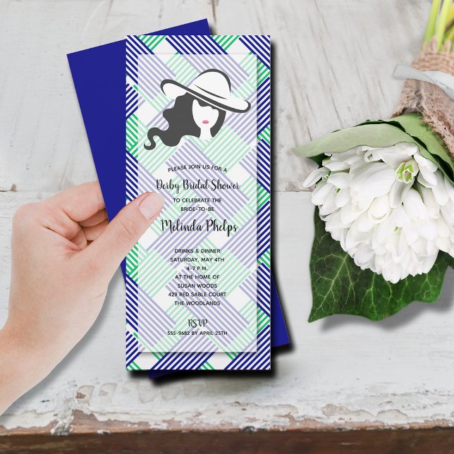 Invitation Derby Casquette Fête des mariées bleu vert (Derby hat bridal shower blue and green diagonal stripes invitations)