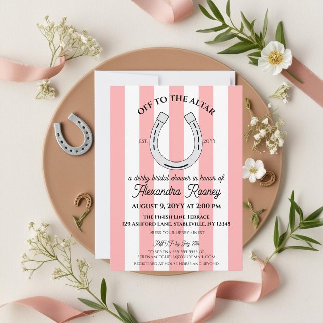 Invitation Derby Fête des mariées rose Cabana Stripes Horsesh (Pink cabana stripes and a horseshoe for a chic derby themed bridal shower)