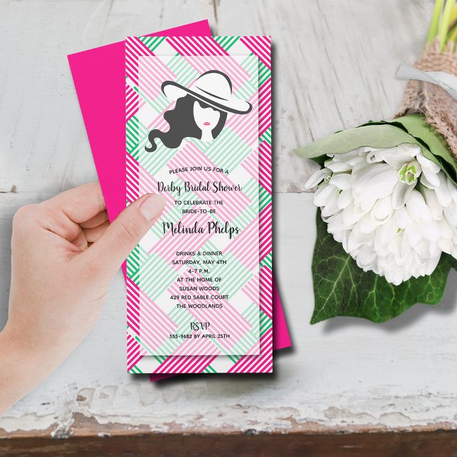 Invitation Derby Fête des mariées rose chaud vert (Derby hat bridal shower hot pink and green diagonal stripes invitations)