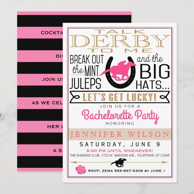 Invitation Derby Girly/Bachelorette Party Rose/Noir/Or (Devant / Derrière)