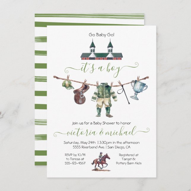 Invitation Derby Horse Racing Baby shower Clothesline (Devant / Derrière)