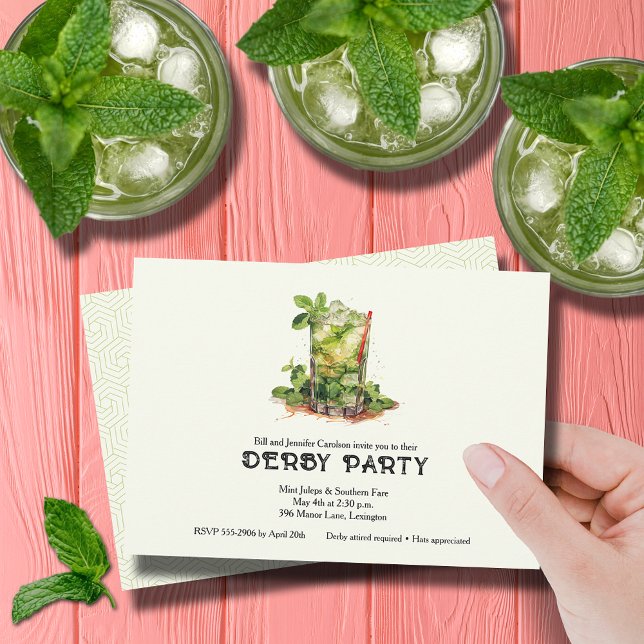 Invitation Derby Julep à la menthe aquarelle (Watercolor Mint Julep Derby Party Invitations)