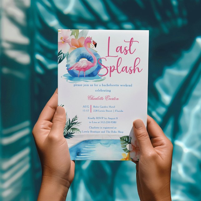 Invitation Dernier bain flamant rose week-end enterrement de  (Last Splash Pool pool watercolor Pink flamingo tropical flower Bachelorette Weekend Invitation)