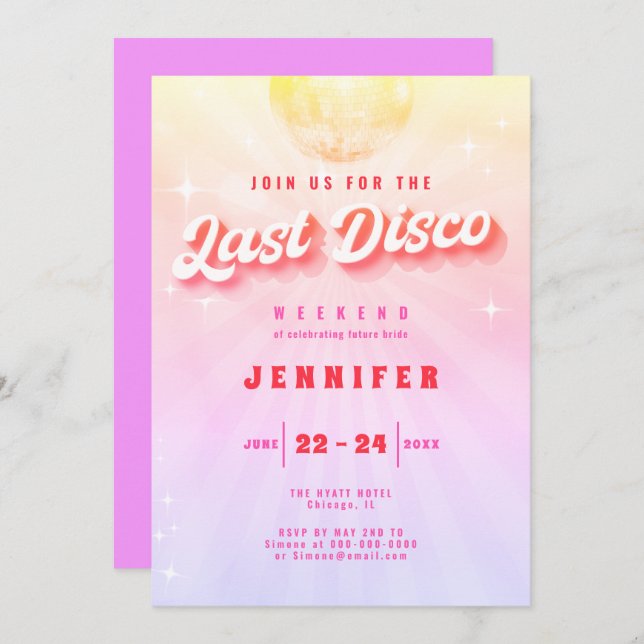 Invitation Dernier Disco Rainbow Retro Bachelorette Week-end (Devant / Derrière)