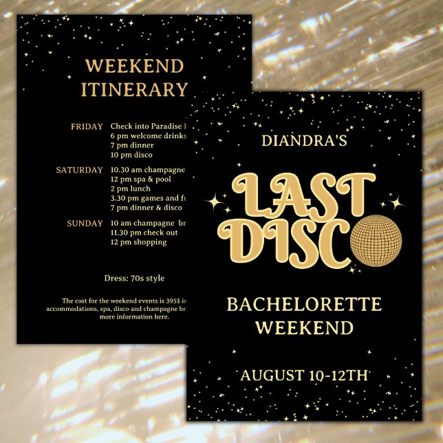 Invitation Dernier Disco Retro Gold Parties scintillant Bache (Last disco golden glitter bachelorette weekend invitation with itinerary retro font )