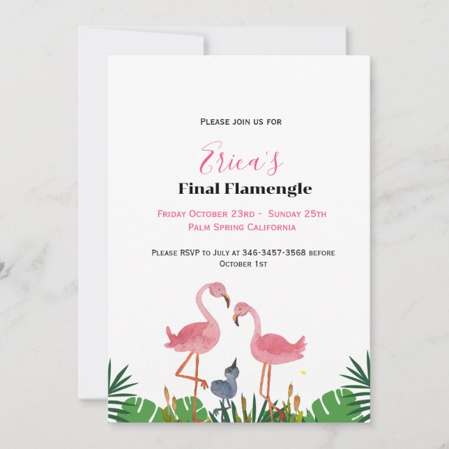 Invitation Dernier Flamengo Bachelorette & itinéraire week-en (Devant)