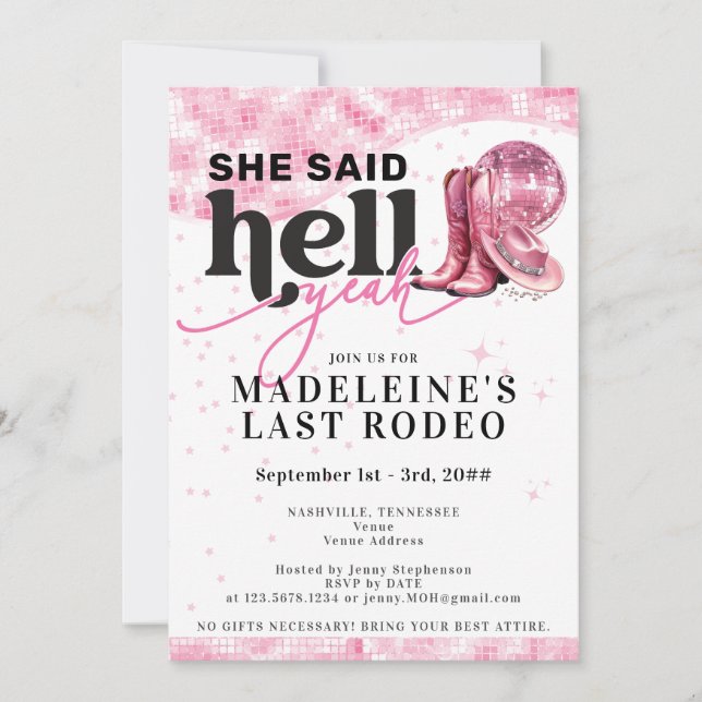 Invitation Dernier Rodeo Enfer Ouais Cowgirl Bachelorette Iti (Devant)