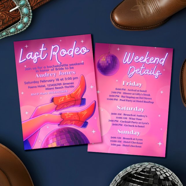 Invitation Dernier Rodéo - Week-end d'enterrement de vie de j (Last Rodeo - Disco Cowgirl Bachelorette Weekend Invitation)