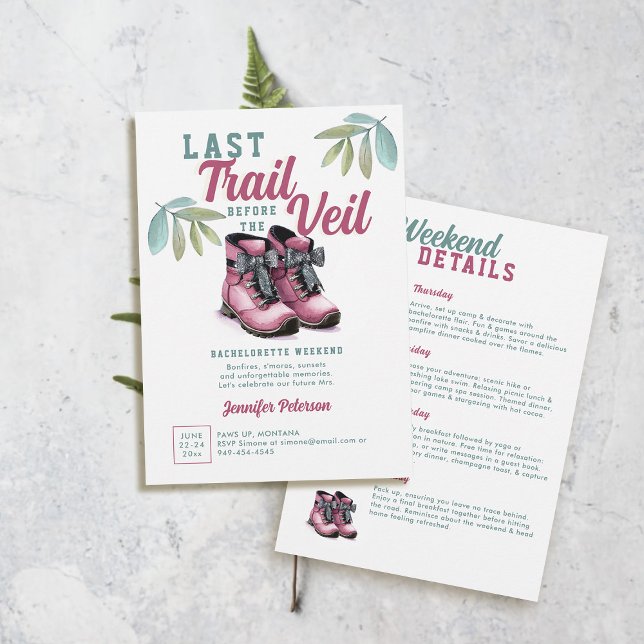 Invitation Dernier sentier Veil Camping Camp Bachelorette Par (last trail before the veil camp bachelorette ideas hiking boots pink green teal watercolor camping)