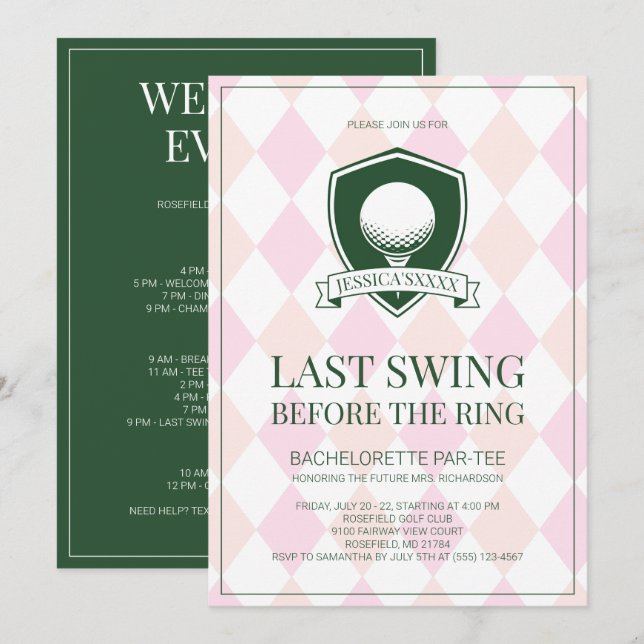 Invitation Dernier Swing avant la fête de Bachelorette de gol (Devant / Derrière)