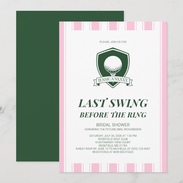 Invitation Dernier Swing de Golf Rose Avant la Douche de Mari (Devant / Derrière)