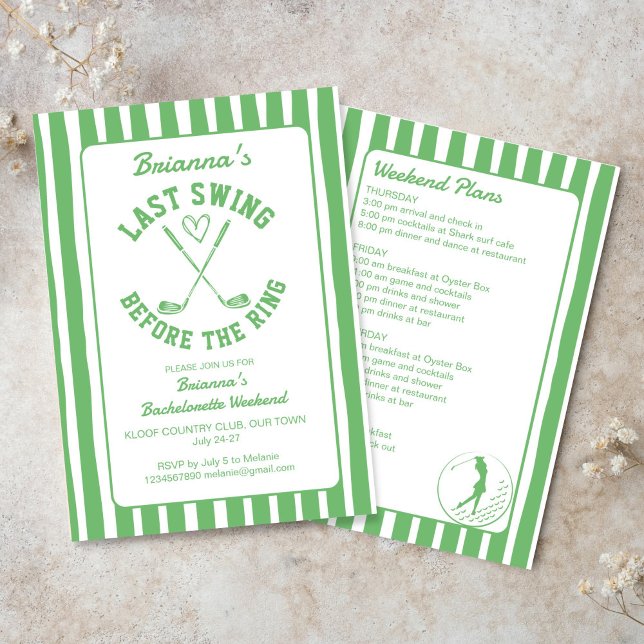 Invitation Dernier swing golf club de pays Bachelorette week- (Last swing before the ring golf country club Bachelorette weekend party Invitation template green)