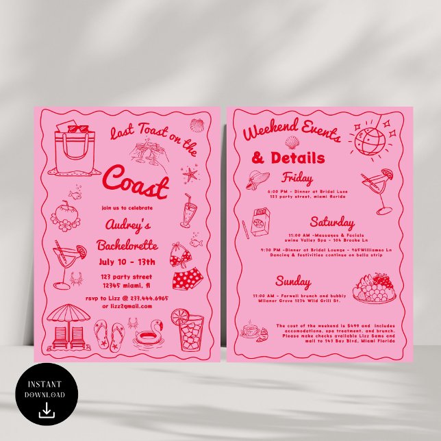 Invitation Dernier Toast Rose Sur La Côte Bachelorette Week-E (Créateur téléchargé)
