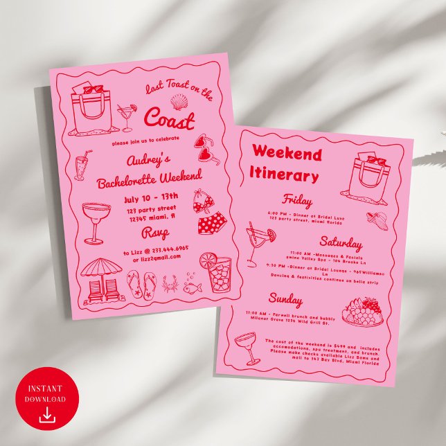 Invitation Dernier Toast Rose Sur La Côte Bachelorette Week-E (Créateur téléchargé)