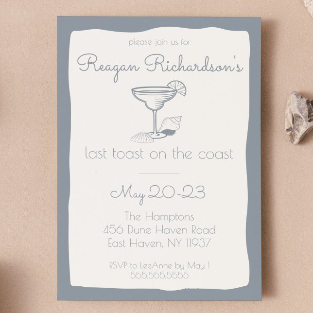Invitation Dernier Toast sur la Côte Bachelorette Beach Week- ("last toast on the coast" bachelorette party invitation cute blue wavy beach design girls weekend)